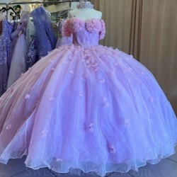 Sweetheart Lavender Ball Gown Quinceanera Dress Corset Flower Beading Sequins Tull Sweet 16 Dress Vestidos De XV 15 Anos