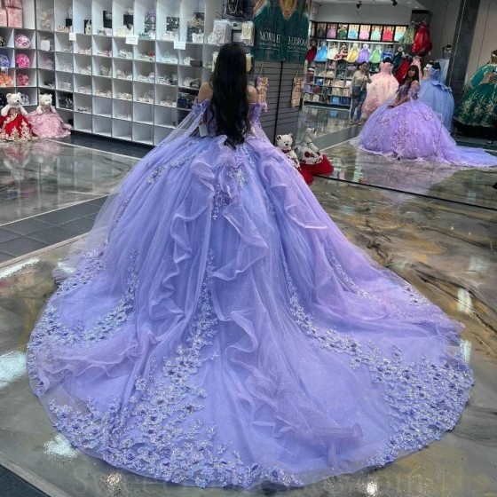 Sweetheart Lavender Princess Shiny Quinceanera Dresses Ball Gown Applique Lace With Cape Sweet vestidos de 15 quinceanera 16