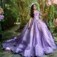 Sweetheart Lavender Quinceanera Dresses Beads 3DFloral Applique Lace Beads With Cape Sweet 15 Birthday Party Ball Gowns