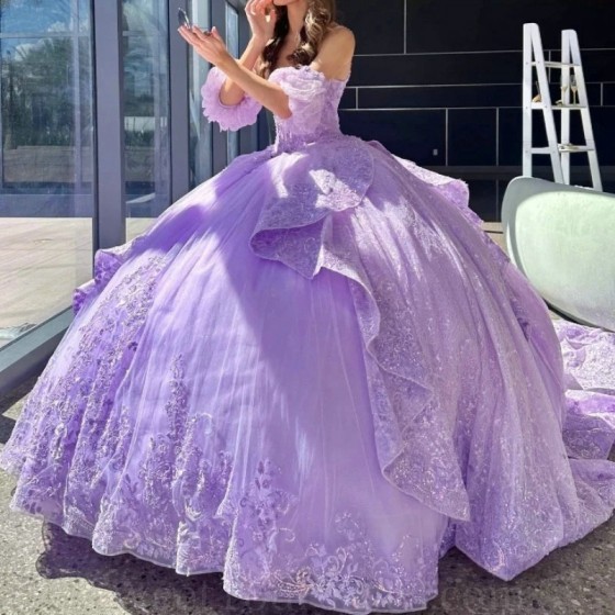 Sweetheart Lavender Quinceanera Dresses Party Off the Shoulder Evening Prom Dress for Women Tulle Applique Lace Beads Ball Gown