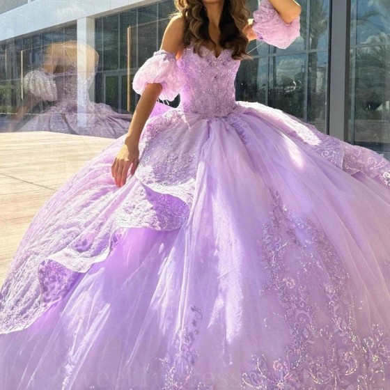 Sweetheart Lavender Quinceanera Dresses Party Off the Shoulder Evening Prom Dress for Women Tulle Applique Lace Beads Ball Gown