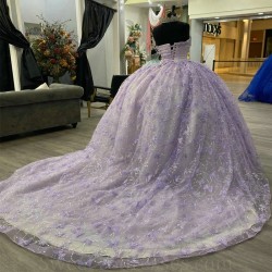 Sweetheart Lavender Quinceanera Dresses for 15 Year Ball Gown Sexy Applique Bow Beads Off the Shoulder Long Party Dress