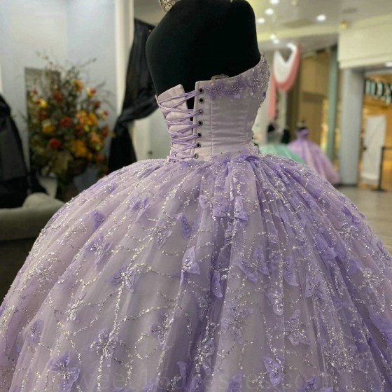 Sweetheart Lavender Quinceanera Dresses for 15 Year Ball Gown Sexy Applique Bow Beads Off the Shoulder Long Party Dress