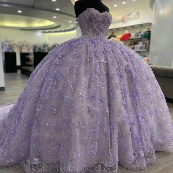 Sweetheart Lavender Quinceanera Dresses for 15 Year Ball Gown Sexy Applique Bow Beads Off the Shoulder Long Party Dress