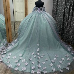 Sweetheart Light Green Bling Quinceanera Dresses Off-The-Shoulder Short Sleeve Applique 3DFlower Ball Gowns Puffy Vestid