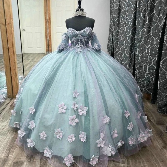 Sweetheart Light Green Bling Quinceanera Dresses Off-The-Shoulder Short Sleeve Applique 3DFlower Ball Gowns Puffy Vestid