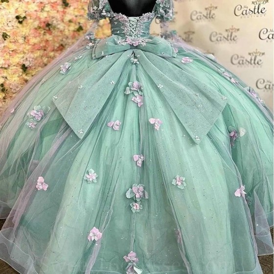 Sweetheart Light Green Girl Flower Quinceanera Dresses Glitter Tulle Appliques 3D Flower Ball Gown Pageant Birthday Party Gown