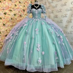 Sweetheart Light Green Girl Flower Quinceanera Dresses Glitter Tulle Appliques 3D Flower Ball Gown Pageant Birthday Party Gown