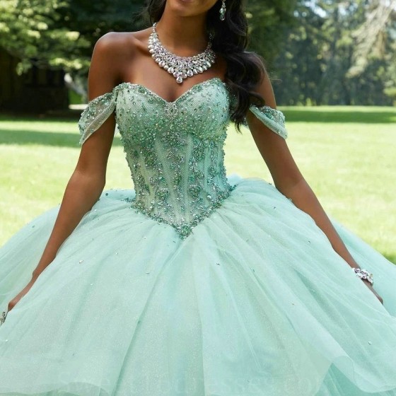 Sweetheart Mint Green Shiny Quinceanera Dresses Off Shoulder Birthday Sequined Lace Beads Princess Gowns vestidos de 15