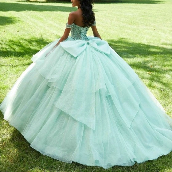 Sweetheart Mint Green Shiny Quinceanera Dresses Off Shoulder Birthday Sequined Lace Beads Princess Gowns vestidos de 15