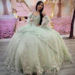 Sweetheart Mint Green Shiny Quinceanera Dresses Sweet 15 Gowns Appliques Lace Bead Vestidos De Quinceanera