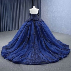 Sweetheart Navy Blue Quinceanera Dresses Ball Gown Flower Vestidos De 15 Anos Sexy Beads Applique Lace Evening Party Dress