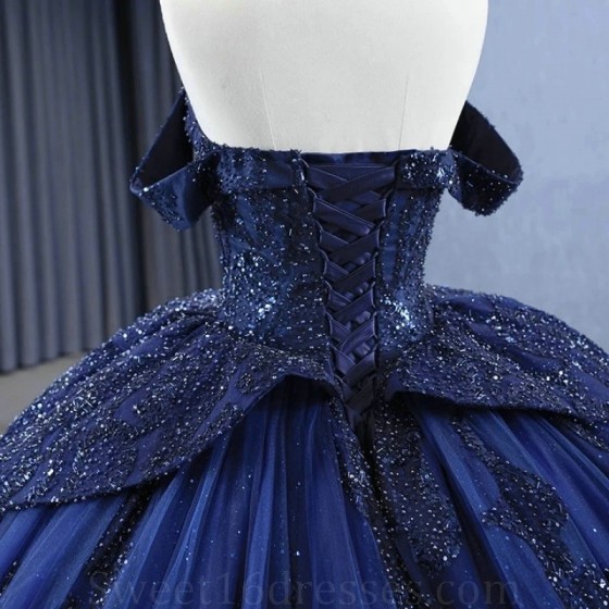 Sweetheart Navy Blue Quinceanera Dresses Ball Gown Flower Vestidos De 15 Anos Sexy Beads Applique Lace Evening Party Dress