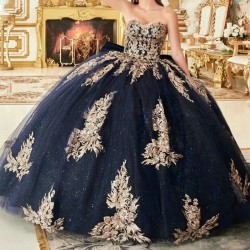 Sweetheart Navy Blue Shiny Ball Gown Quinceanera Dresses Sweet 16 Prom Gowns Applique Lace Vestidos De 15 quinceanera