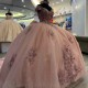 Sweetheart Pink Ball Gown Quinceanera Dress Tulle Appliques Beads Flowers Bow Off Shoulder Sweet 15 16 Birthday Party Form