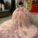 Sweetheart Pink Ball Gown Quinceanera Dress Tulle Appliques Beads Flowers Bow Off Shoulder Sweet 15 16 Birthday Party Form