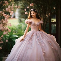 Sweetheart Pink Ball Gown Quinceanera Dresses Off the Shoulder Appliques Lace 3DFlower Corset Sweet 15 Vestidos De 15 Anos