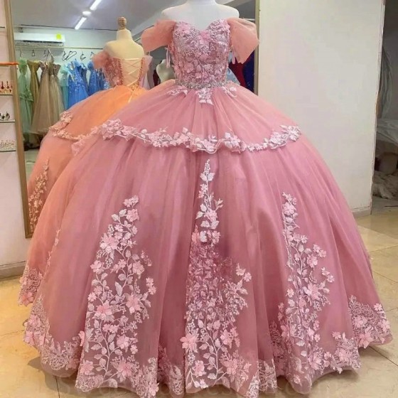 Sweetheart Pink Quinceanera Dresses Off the Shoulde Appliques Flower Beads Crystal Tull Birthday Party Vestidos De 15 Anos