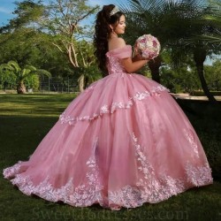 Sweetheart Pink Quinceanera Dresses Off the Shoulde Appliques Flower Beads Crystal Tull Birthday Party Vestidos De 15 Anos