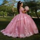 Sweetheart Pink Quinceanera Dresses Off the Shoulde Appliques Flower Beads Crystal Tull Birthday Party Vestidos De 15 Anos