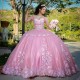 Sweetheart Pink Quinceanera Dresses Off the Shoulde Appliques Flower Beads Crystal Tull Birthday Party Vestidos De 15 Anos