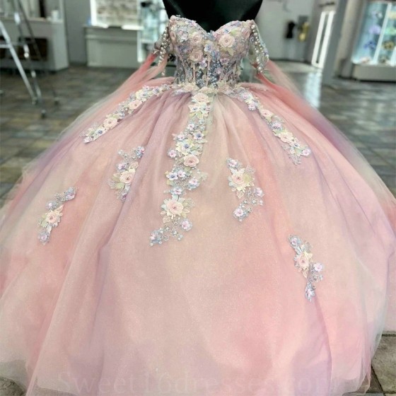 Sweetheart Pink Quinceanera Dresses Off the Shoulder Beads Applique Lace Ball Gown Sweet Sixteen Dress Gowns vestido