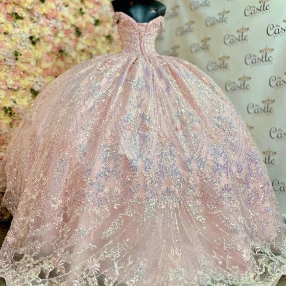 Sweetheart Pink Sequin Appliques Lace Beads Off The Shoulder Quinceanera Dress Ball Gown Sweep Train Tulle Princess Party Prom