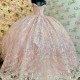 Sweetheart Pink Sequin Appliques Lace Beads Off The Shoulder Quinceanera Dress Ball Gown Sweep Train Tulle Princess Party Prom