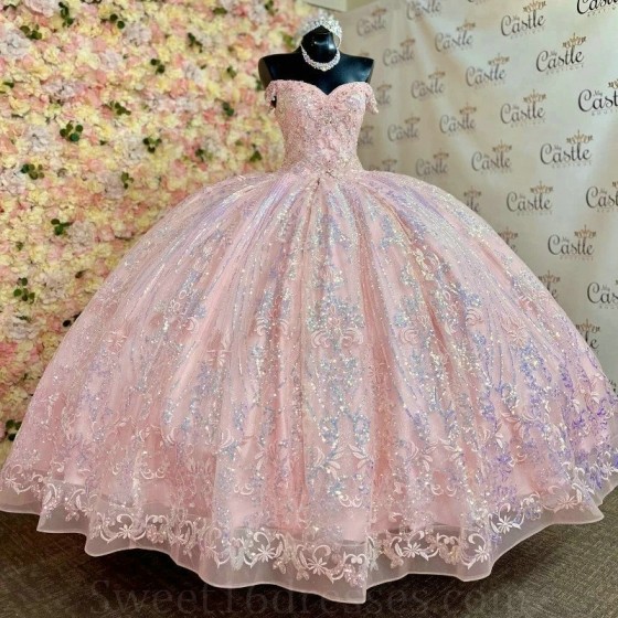 Sweetheart Pink Sequin Appliques Lace Beads Off The Shoulder Quinceanera Dress Ball Gown Sweep Train Tulle Princess Party Prom