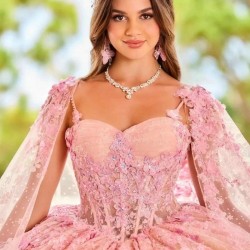 Sweetheart Pink Shiny Quinceanera Dress Princess Prom Gown Tulle Appliques Beads With Cape Sweet 15 16 Dress Vestidos De 15 Anos