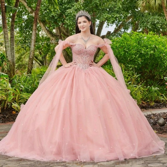 Sweetheart Pink Shiny Quinceanera Dresses With Cape Ball Gown Beading Crystal Tulle Party Princess Sweet 16 Dress vestidos de 15