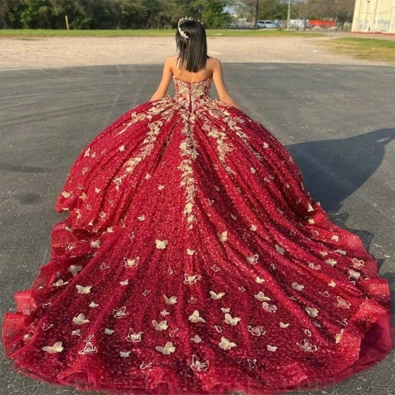 Sweetheart Red Ball Gown Quinceanera Dresses Gold Applique Bow Crystal Beading Off the Shoulder Ribbons Corset Vestido De 15 Anos