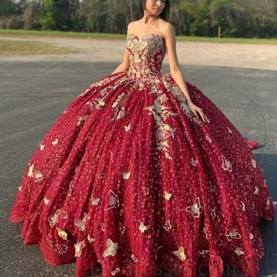 Sweetheart Red Ball Gown Quinceanera Dresses Gold Applique Bow Crystal Beading Off the Shoulder Ribbons Corset Vestido De 15 Anos