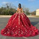 Sweetheart Red Ball Gown Quinceanera Dresses Gold Applique Bow Crystal Beading Off the Shoulder Ribbons Corset Vestido De 15 Anos