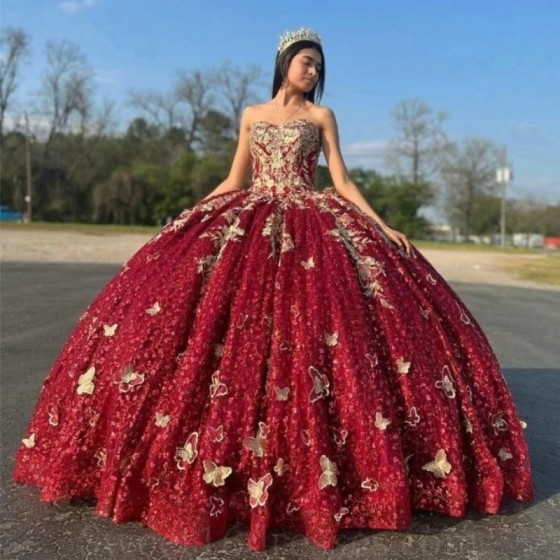 Sweetheart Red Ball Gown Quinceanera Dresses Gold Applique Bow Crystal Beading Off the Shoulder Ribbons Corset Vestido De 15 Anos