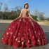 Sweetheart Red Ball Gown Quinceanera Dresses Gold Applique Bow Crystal Beading Off the Shoulder Ribbons Corset Vestido De 15 Anos