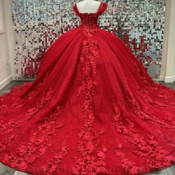 Sweetheart Red Quinceanera Dresses Beads 3DFloral Applique Lace Off the Shoulder Sweet 15 Birthday Party Ball Gowns