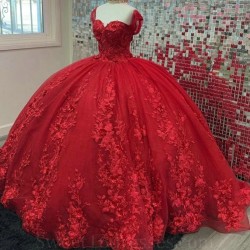 Sweetheart Red Quinceanera Dresses Beads 3DFloral Applique Lace Off the Shoulder Sweet 15 Birthday Party Ball Gowns