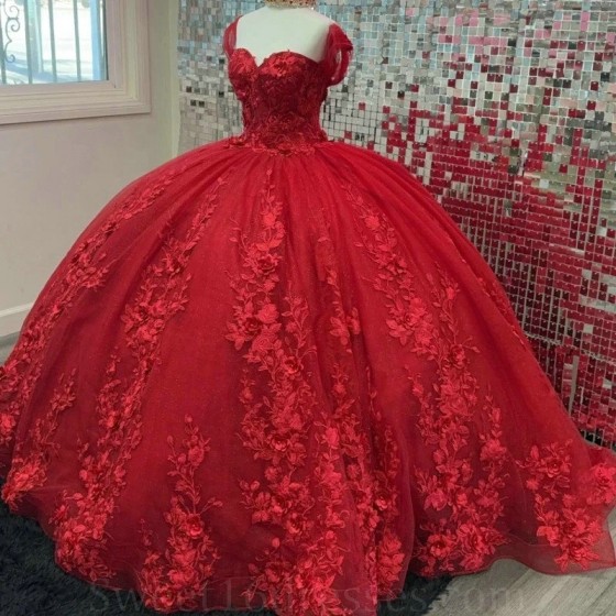 Sweetheart Red Quinceanera Dresses Beads 3DFloral Applique Lace Off the Shoulder Sweet 15 Birthday Party Ball Gowns