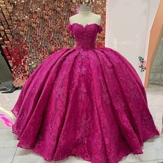 Sweetheart Rose Red Quinceanera Dresses Mexican Puffy Lace-Up Corset Off Shoulder Applique Luxury Lace princess Vestidos De XV