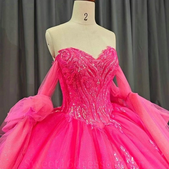 Sweetheart Rose Red Shiny Quinceanera Dress Ball Gown Sweet 16 Dress Sequin Appliques Lace Beads Wedding Gowns Long Sweep Train