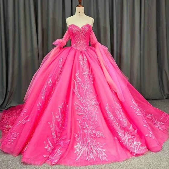 Sweetheart Rose Red Shiny Quinceanera Dress Ball Gown Sweet 16 Dress Sequin Appliques Lace Beads Wedding Gowns Long Sweep Train