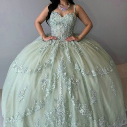 Sweetheart Sage Green Princess Shiny Quinceanera Dress Party Gown Lace Appliques Beads Crystal Off The Shoulder For 16 Year