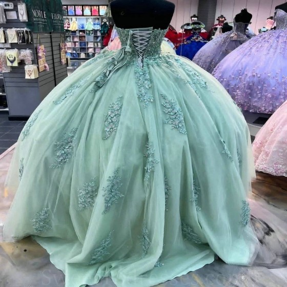 Sweetheart Sage Green Shiny Quinceanera Dresses Ball Gown Applique Beads Tulle Floral Puffy Mexican Sweet 16 Dresses 15 Anos