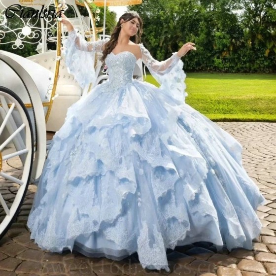 Sweetheart Sky Blue Appliques Lace Ruffles Ball Gown Off the Shoulder Quinceanera Dresses Beading Tull Corset Vestidos De 15