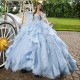 Sweetheart Sky Blue Appliques Lace Ruffles Ball Gown Off the Shoulder Quinceanera Dresses Beading Tull Corset Vestidos De 15