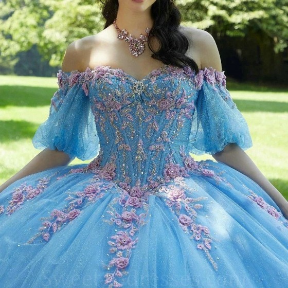 Sweetheart Sky Blue Ball Gown Prom Dress Quinceanera Dress Applique Beaded 3D Flowers Tull Formal Dresses vestidos de 15