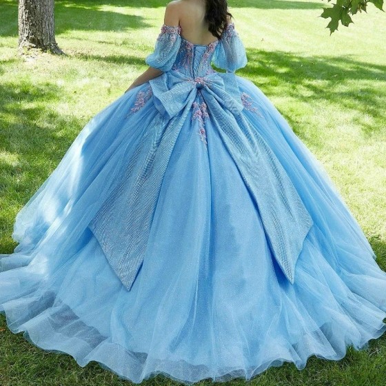 Sweetheart Sky Blue Ball Gown Prom Dress Quinceanera Dress Applique Beaded 3D Flowers Tull Formal Dresses vestidos de 15