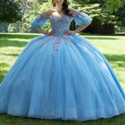 Sweetheart Sky Blue Ball Gown Prom Dress Quinceanera Dress Applique Beaded 3D Flowers Tull Formal Dresses vestidos de 15