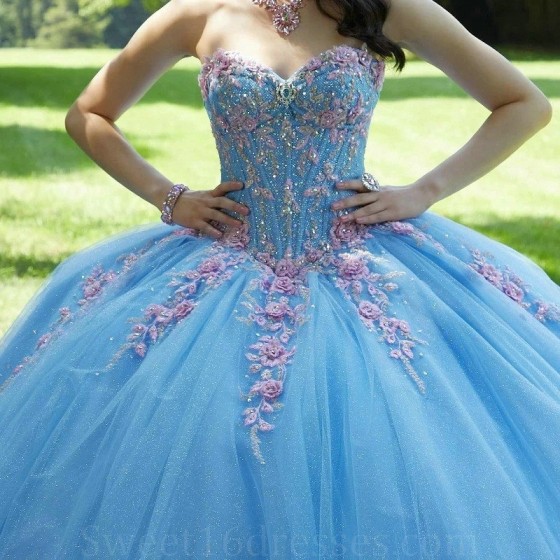 Sweetheart Sky Blue Ball Gown Prom Dress Quinceanera Dress Applique Beaded 3D Flowers Tull Formal Dresses vestidos de 15